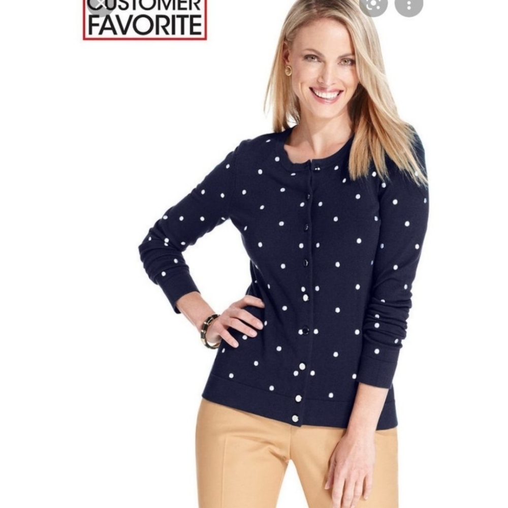 Charter Club Cardigan Women Petite Small Button Long Sleeve Embroidered Polkadot